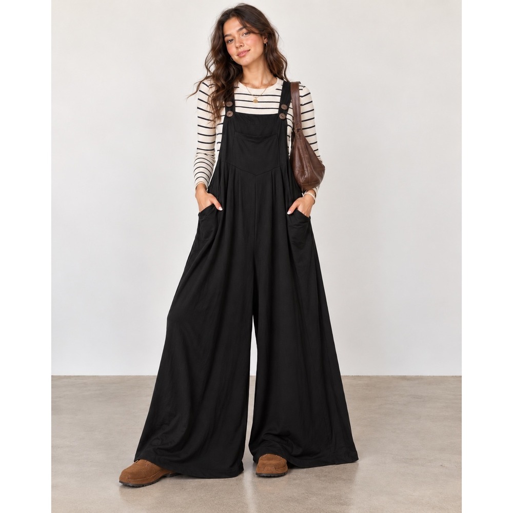 Haute Fox Black Wide Leg Bib Overalls Jumpsuit Pockets Small